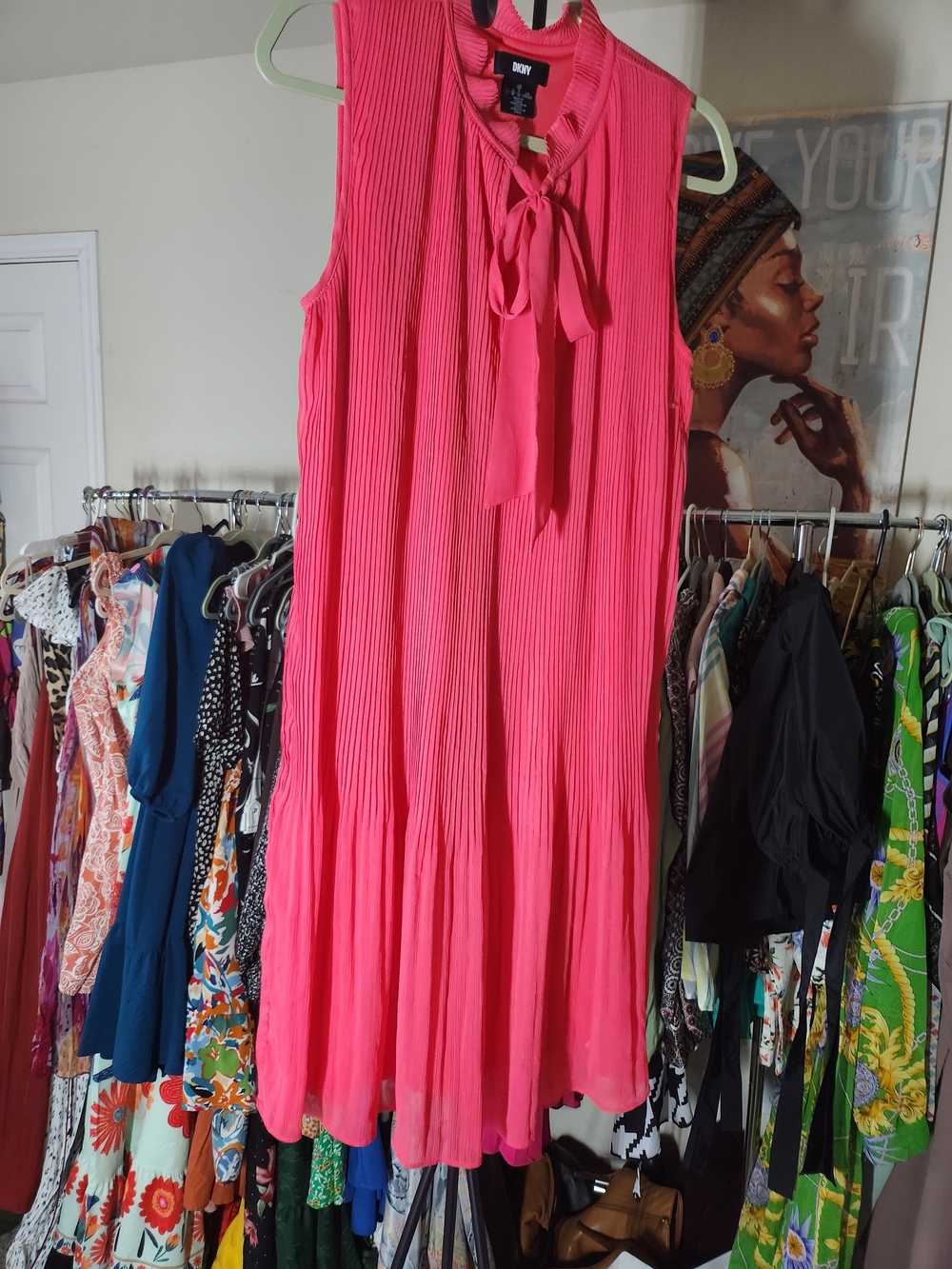 DKNY Sleeveless Hot Pink Pleated Tie-Neck Midi Dress